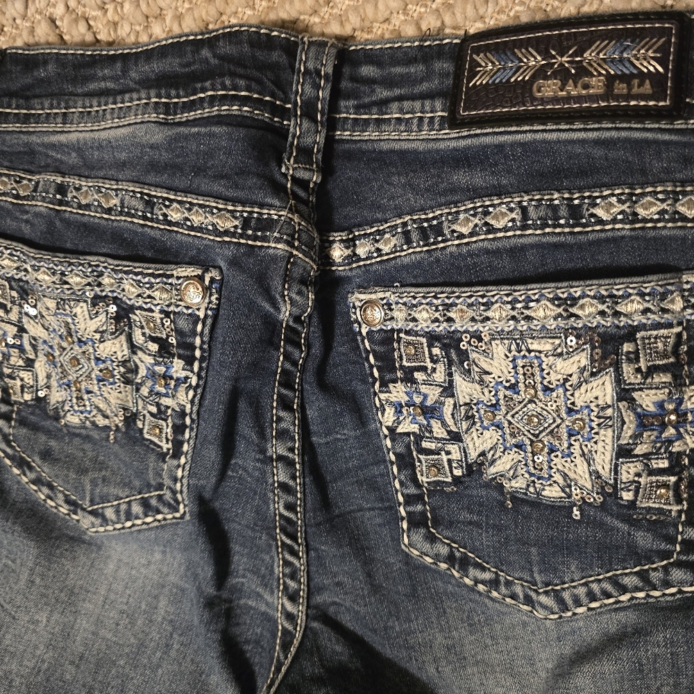 Grace in LA Women's Dark Blue Embroidered Boot Cut Jeans